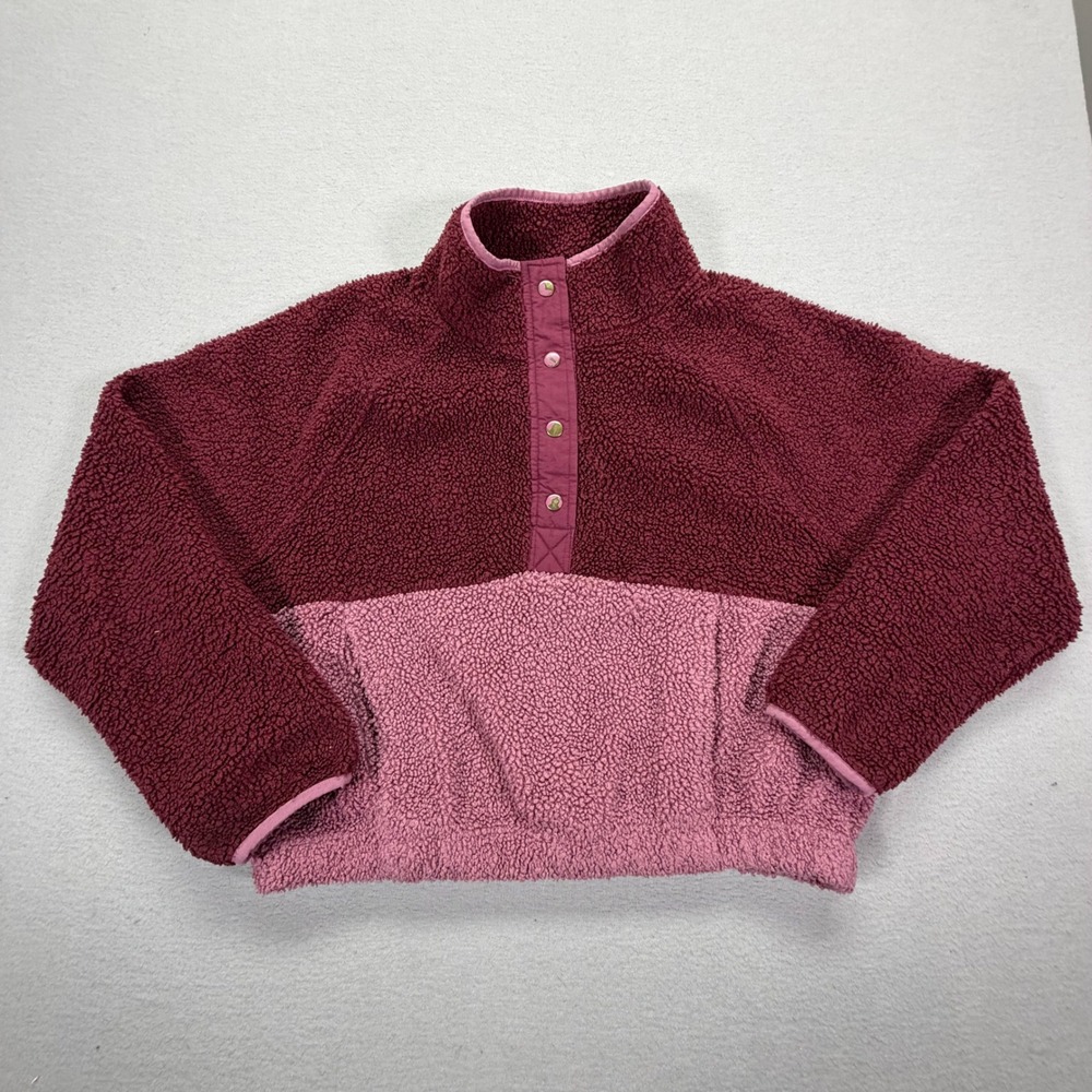 Old Navy Sherpa Fleece Pullover Womens M Good Burgundy Pink Colorblock Snap Neck